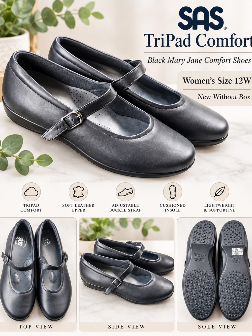 SAS Black Leather Mary Jane Flats with Buckle Strap